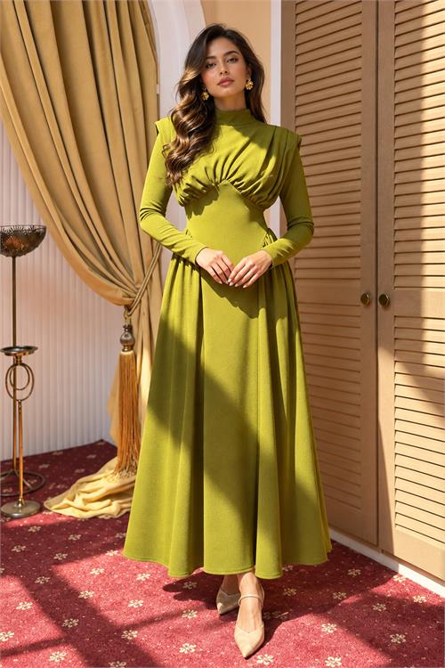 Neşeli butik kadın yeşil dik yaka vatkalı krep kumaş boyun bağlamalı elbise NBMY4158 