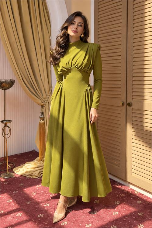 Neşeli butik kadın yeşil dik yaka vatkalı krep kumaş boyun bağlamalı elbise NBMY4158 