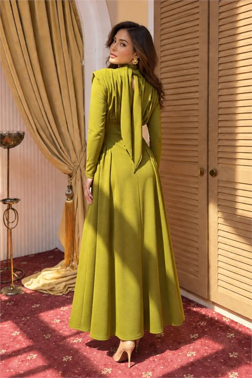 Neşeli butik kadın yeşil dik yaka vatkalı krep kumaş boyun bağlamalı elbise NBMY4158 
