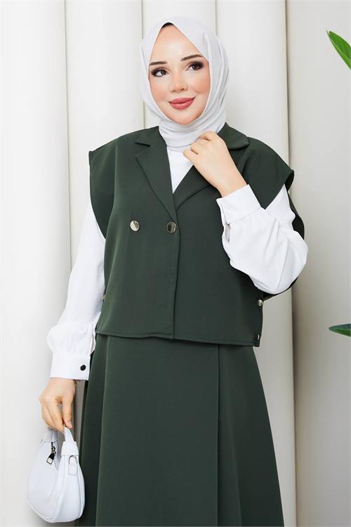 Neşeli butik kadın yeşil düğme detaylı yelek bluz etek üçlü tesettür takım NBFT007 