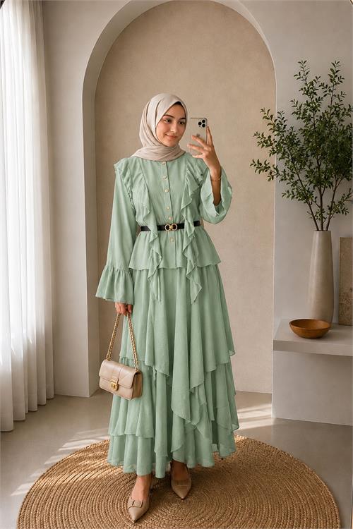 Neşeli butik kadın mint yeşili fırfır detaylı üst kat kat volanlı etek ikili tesettür takım ---NBVQ3159 