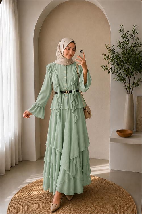 Neşeli butik kadın mint yeşili fırfır detaylı üst kat kat volanlı etek ikili tesettür takım ---NBVQ3159 