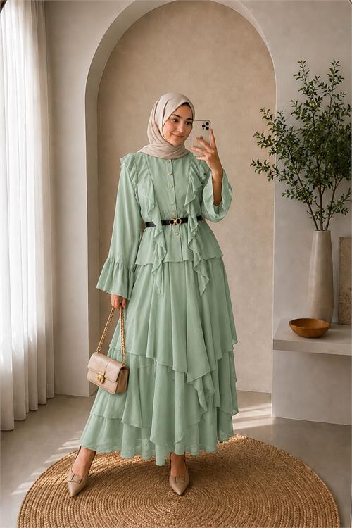 Neşeli butik kadın mint yeşili fırfır detaylı üst kat kat volanlı etek ikili tesettür takım ---NBVQ3159 