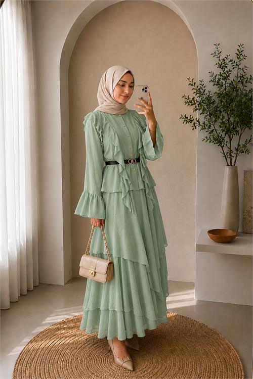 Neşeli butik kadın mint yeşili fırfır detaylı üst kat kat volanlı etek ikili tesettür takım ---NBVQ3159 