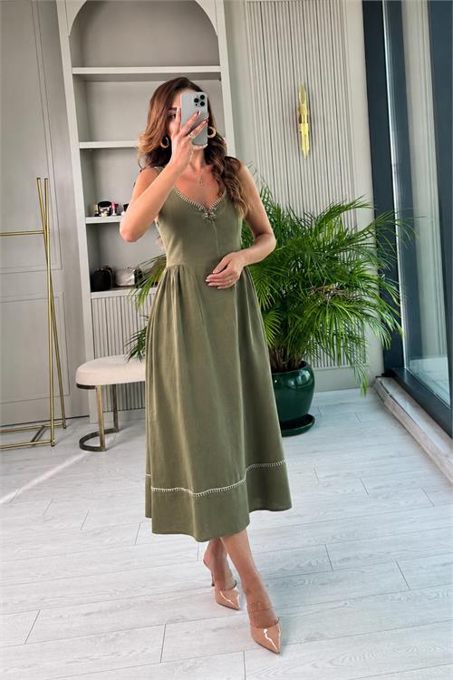 Neşeli butik kadın yeşil ince askılı güpür detaylı midi boy yazlık elbise NBNP039 