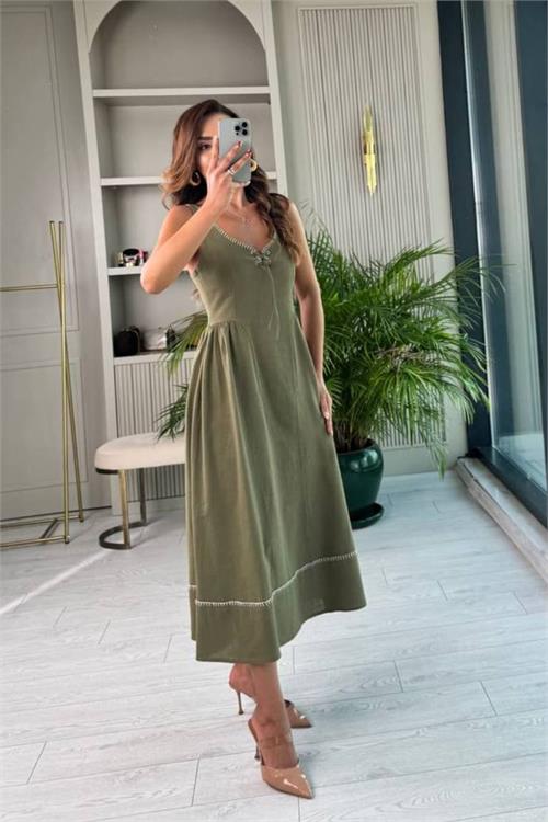 Neşeli butik kadın yeşil ince askılı güpür detaylı midi boy yazlık elbise NBNP039 
