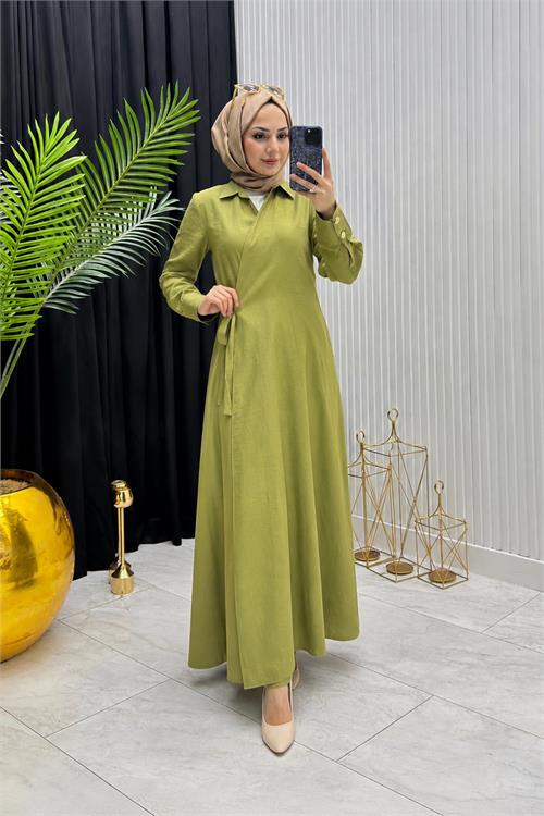 Neşeli butik kadın yağ yeşili kol düğme detaylı beğlamalı tesettür ferace elbise --- NMS097 