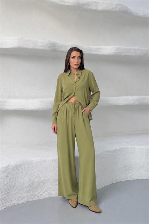 Neşeli butik kadın yeşil tensel kumaş oversize gömlek pantolon ikili takım NBNP037 