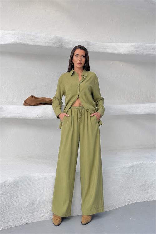 Neşeli butik kadın yeşil tensel kumaş oversize gömlek pantolon ikili takım NBNP037 