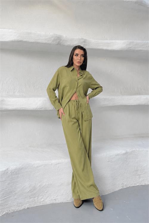 Neşeli butik kadın yeşil tensel kumaş oversize gömlek pantolon ikili takım NBNP037 