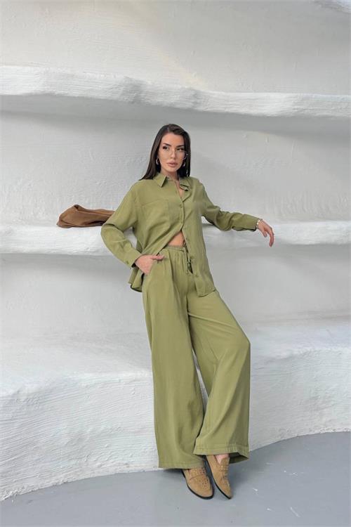 Neşeli butik kadın yeşil tensel kumaş oversize gömlek pantolon ikili takım NBNP037 