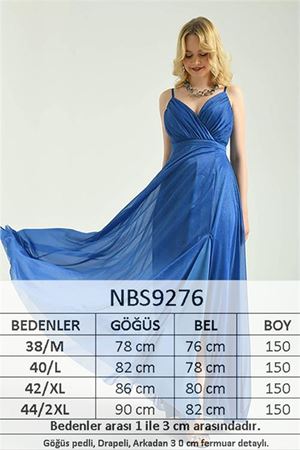Neşeli butik kadın Mavi simli tül kumaş askılı uzun abiye NBS9276