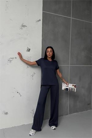 Neşeli butik kadın antrasit yırtmaç detaylı alt üst eşofman takımı NBG009