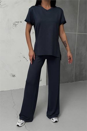 Neşeli butik kadın antrasit yırtmaç detaylı alt üst eşofman takımı NBG009