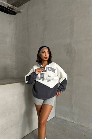 Neşeli butik kadın antrasit fermuarlı New york sweat NBG050