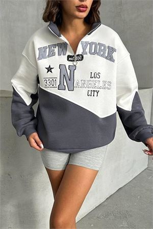 Neşeli butik kadın antrasit fermuarlı New york sweat NBG050