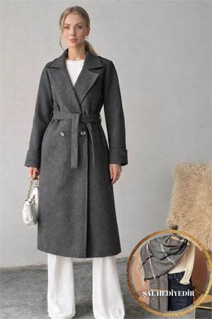 Neşeli butik kadın antrasit astarlı kuşaklı kaşe kaban NBG048