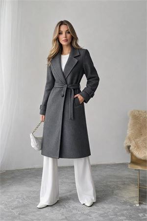Neşeli butik kadın antrasit astarlı kuşaklı kaşe kaban NBG048