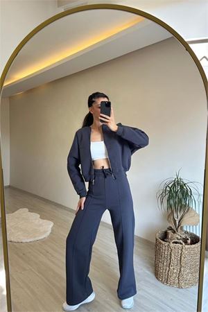 Neşeli butik kadın fermuarlı oversize sweat ve yüksek bel eşofman takımı NM018