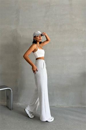 Neşeli butik kadın açık gri cepli bol paça pamuklu eşofman altı NBG042