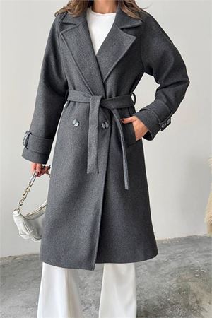 Neşeli butik kadın kuşak detaylı astarlı kaşe kaban NBG120