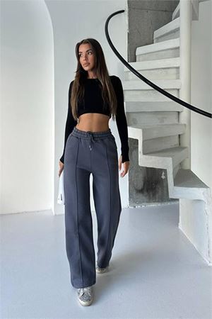 Neşeli butik kadın antrasit yüksek bel 3 iplik eşofman altı NBG107
