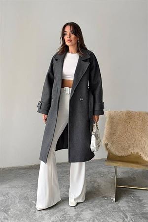 Neşeli butik kadın kuşak detaylı astarlı kaşe kaban NBG120