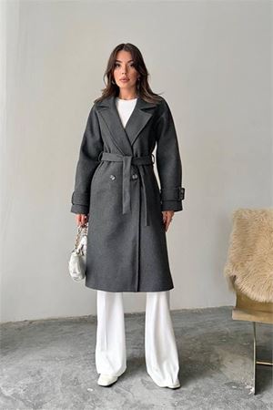 Neşeli butik kadın kuşak detaylı astarlı kaşe kaban NBG120