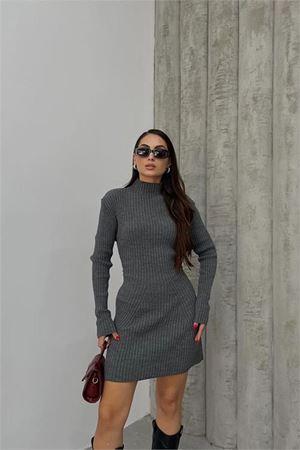 Neşeli butik kadın antrasit fitilli mini triko elbise NBDM1208