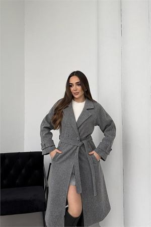 Neşeli butik kadın antrasit kuşaklı reglan kol düğmeli premium kaşe kaban NBKBN01