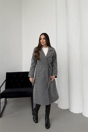 Neşeli butik kadın antrasit kuşaklı reglan kol düğmeli premium kaşe kaban NBKBN01