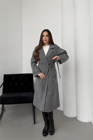Neşeli butik kadın antrasit kuşaklı reglan kol düğmeli premium kaşe kaban NBKBN01