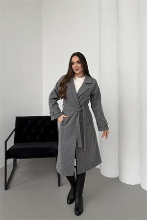 Neşeli butik kadın antrasit kuşaklı reglan kol düğmeli premium kaşe kaban NBKBN01