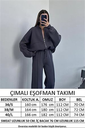 Neşeli butik kadın 3 iplik içi pamuklu kışlık eşofman takımı GTS018 - Antrasit