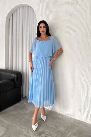 Neşeli butik kadın madonna yaka piliseli şifon elbise NBK2099
