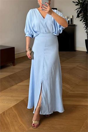 Neşeli Butik bebe mavi V-yaka likralı yazlık elbise NBMY3579