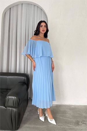 Neşeli butik kadın madonna yaka piliseli şifon elbise NBK2099