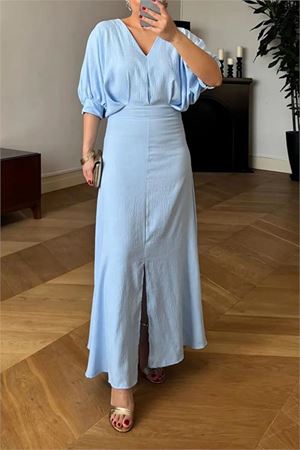 Neşeli Butik bebe mavi V-yaka likralı yazlık elbise NBMY3579