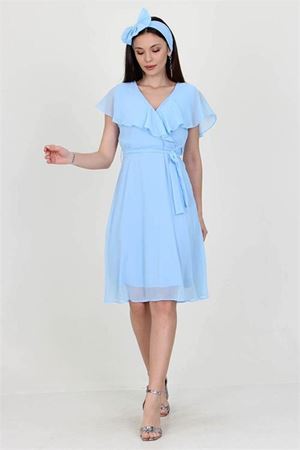 Neşeli butik kadın midi boy yeni sezon kruvaze yaka melek kol şifon elbise RY8081