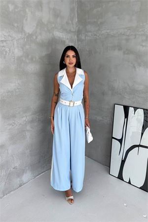 Neşeli butik kadın bebe mavi çift renkli kemerli şerit detaylı tam boy kolsuz tulum NBK087