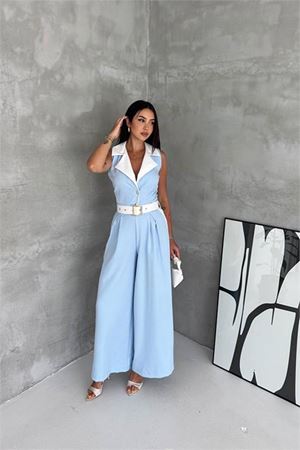Neşeli butik kadın bebe mavi çift renkli kemerli şerit detaylı tam boy kolsuz tulum NBK087