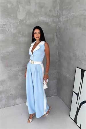Neşeli butik kadın bebe mavi çift renkli kemerli şerit detaylı tam boy kolsuz tulum NBK087