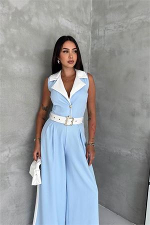 Neşeli butik kadın bebe mavi çift renkli kemerli şerit detaylı tam boy kolsuz tulum NBK087