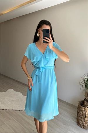 Neşeli butik kadın v yaka kuşaklı mini şifon elbise NM007