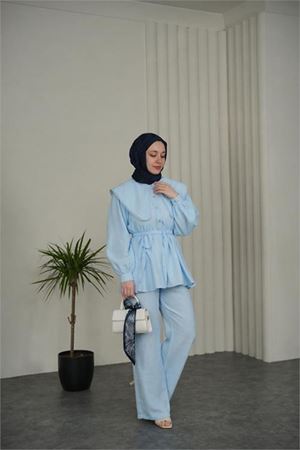 Neşeli butik kadın bebe mavi geniş kesim yaka detaylı kuşaklı ikili tesettür takım NBVQ3148
