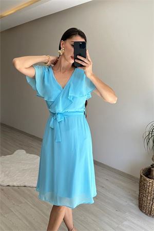 Neşeli butik kadın v yaka kuşaklı mini şifon elbise NM007