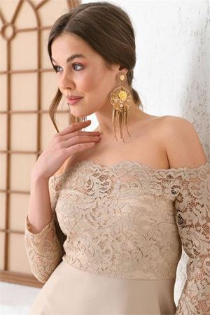 Neşeli butik kadın bej carmen yaka arkası uzun abiye elbise SWLL02
