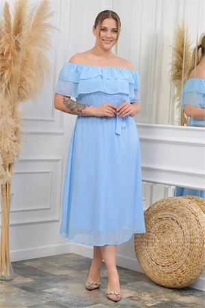 Neşeli butik kadın bebe mavisi kuşaklı büyük beden şifon elbise NB8061