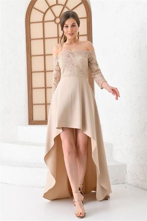 Neşeli butik kadın bej carmen yaka arkası uzun abiye elbise SWLL02