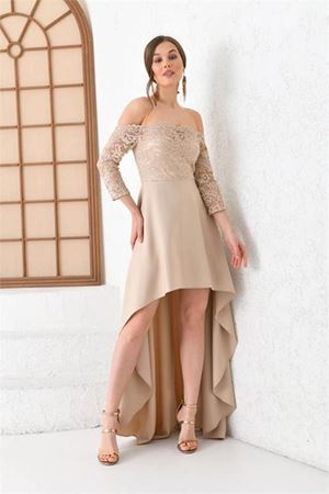 Neşeli butik kadın bej carmen yaka arkası uzun abiye elbise SWLL02